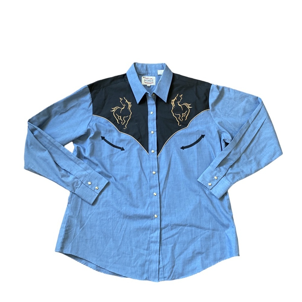 Country Charmers XXL western shirt light blue with black yoke horse embroidery